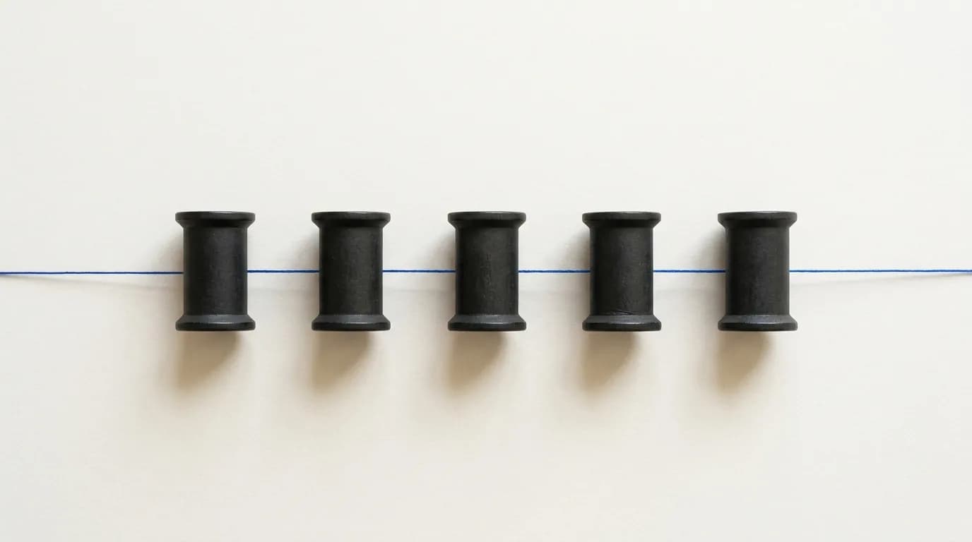 Fünf schwarze Garnrollen in einer Reihe, durch die ein einziger blauer Faden ohne Knoten und ohne loses Ende durchläuft.