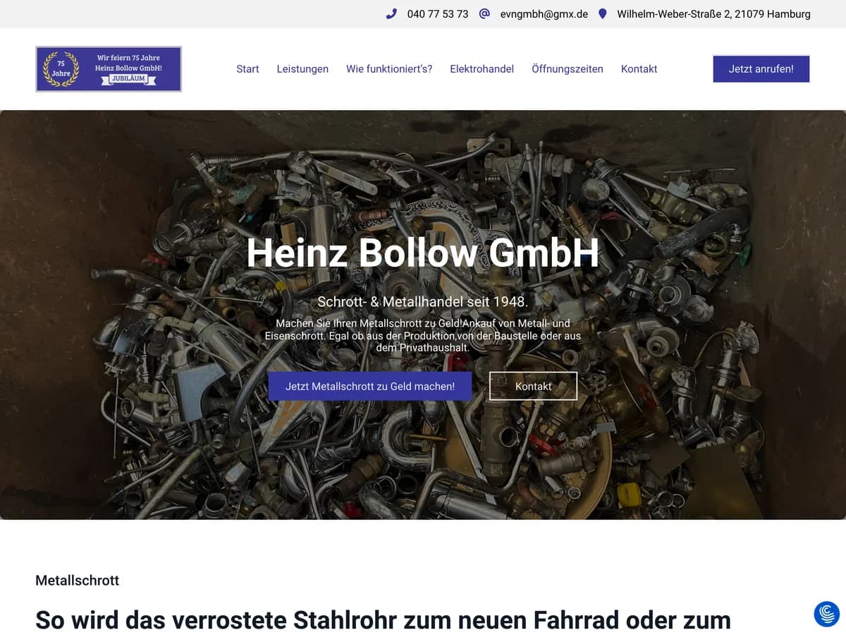 Startseite der Heinz Bollow GmbH, Schrott- und Metallhandel in Hamburg