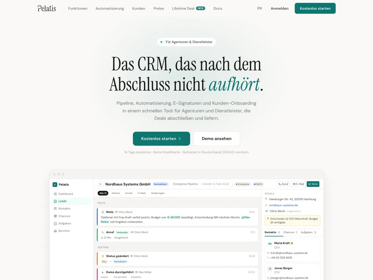 Startseite von Pelatis CRM, einem All-in-one-CRM für Agenturen und Dienstleister