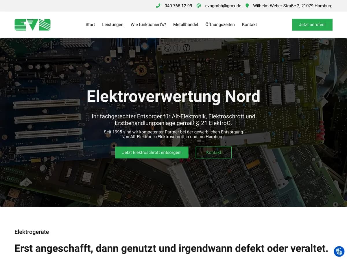 Startseite der Elektroverwertung Nord GmbH, Entsorgung von Alt-Elektronik in Hamburg