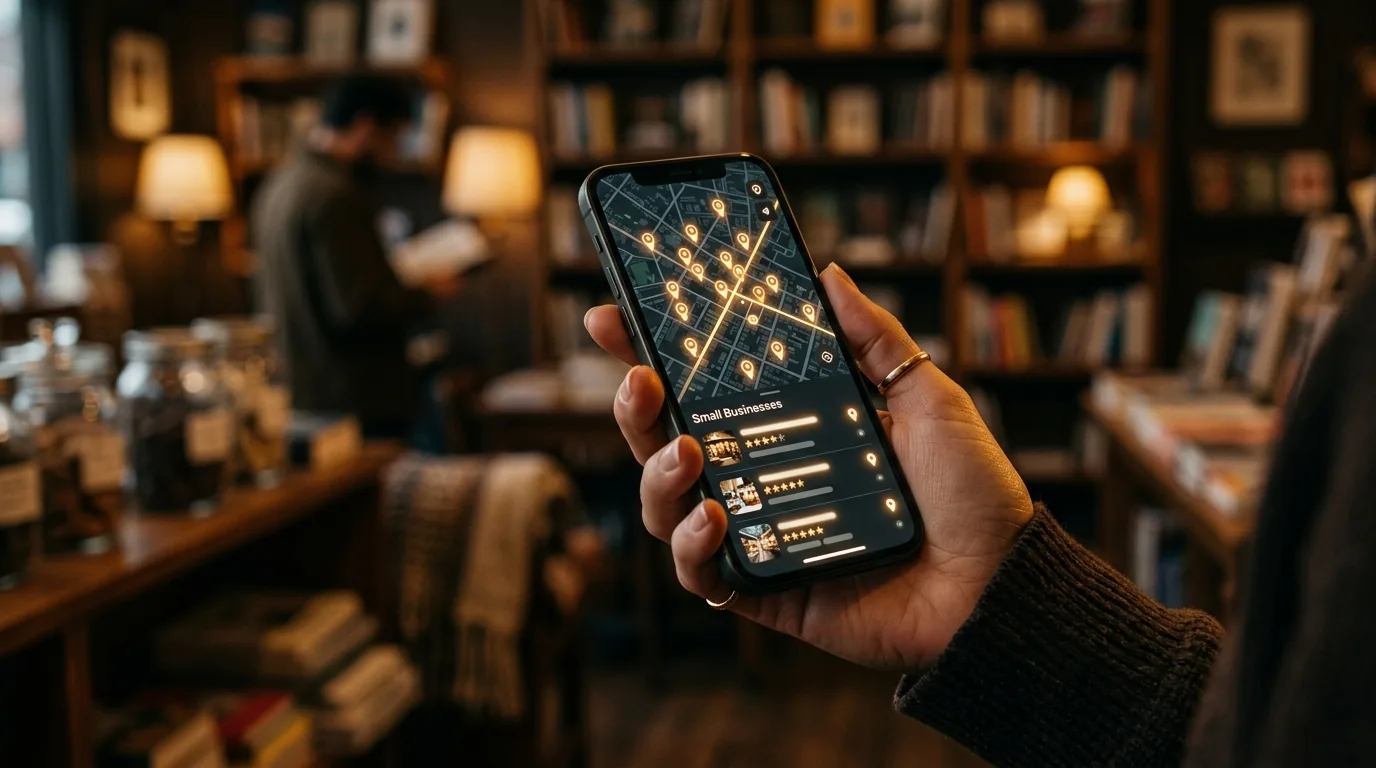 Smartphone mit lokaler Google-Suche und Standort-Markierungen auf einer Karte