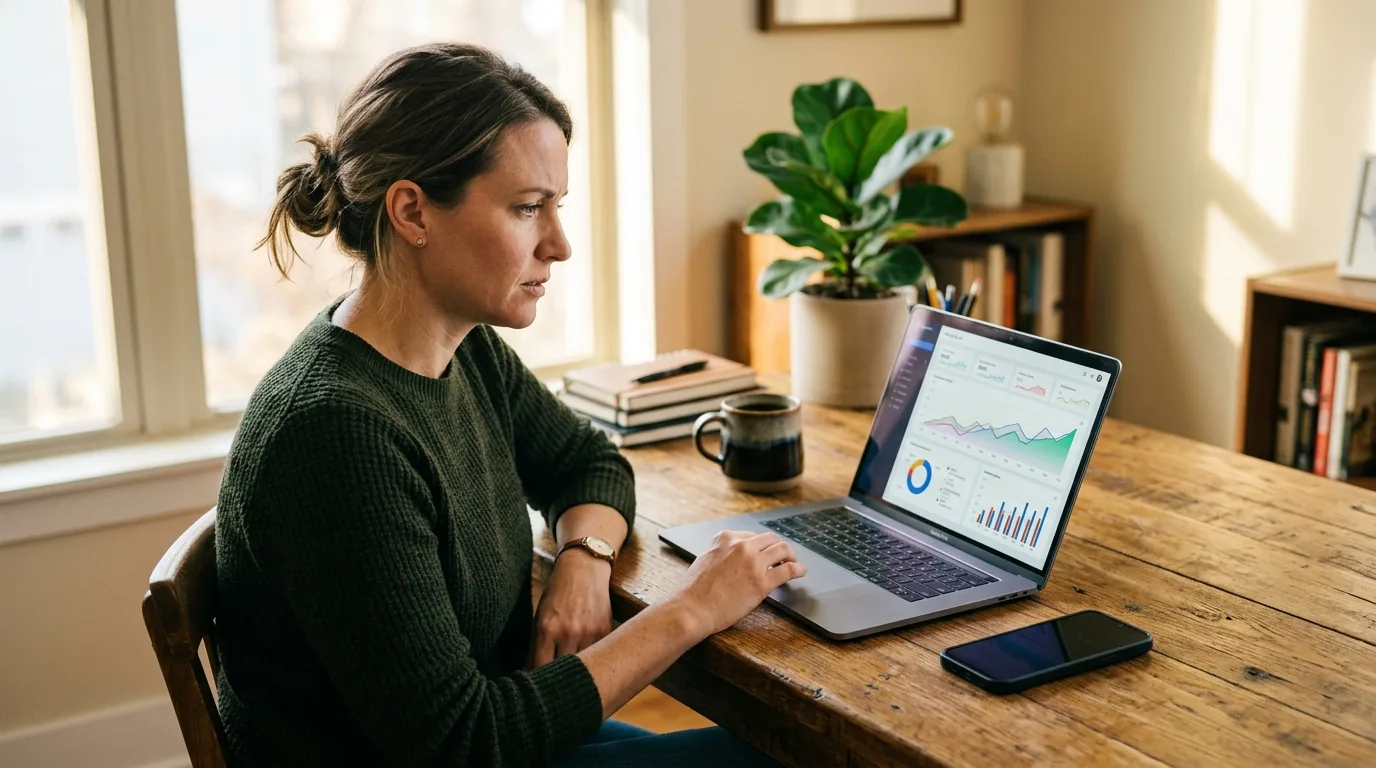 Unternehmer am Schreibtisch betrachtet nachdenklich Website-Statistiken auf einem Laptop, das Telefon daneben bleibt still