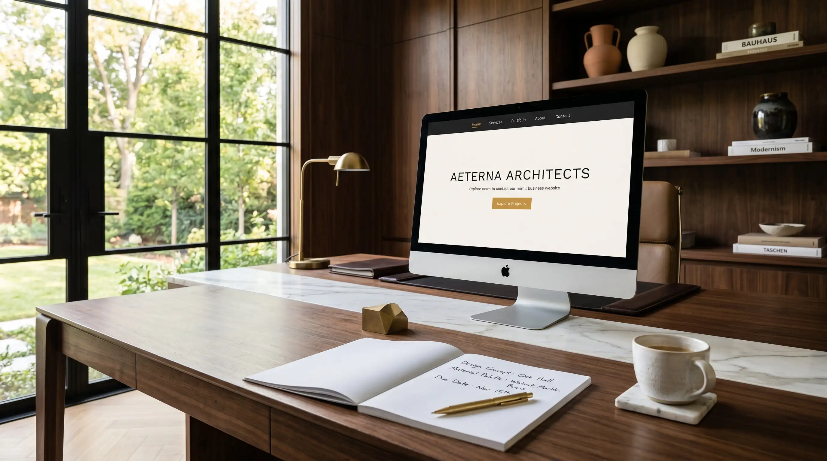 Laptop mit Website-Mockup auf dem Schreibtisch eines Unternehmers