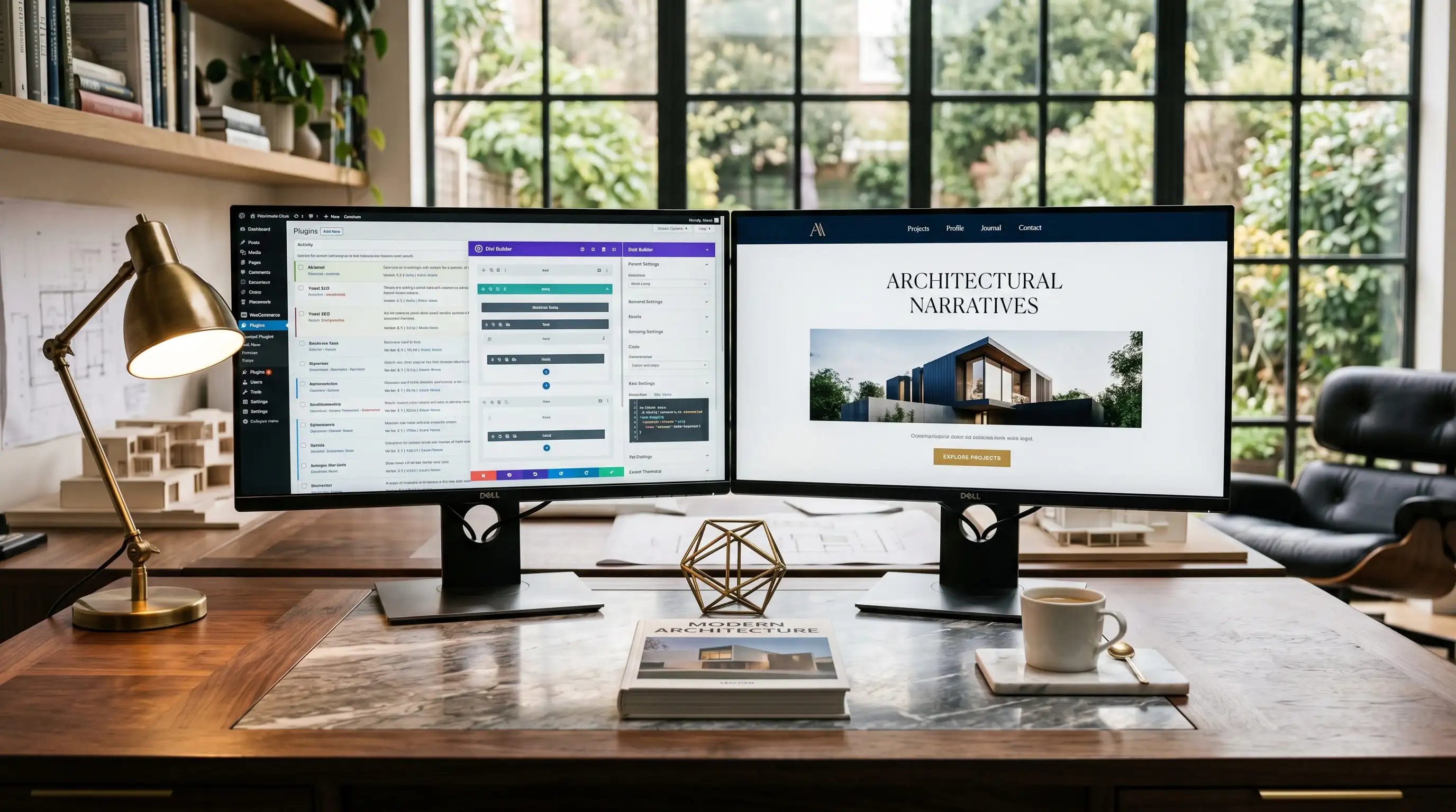 Zwei Bildschirme nebeneinander: WordPress-Backend und moderner Code-Editor